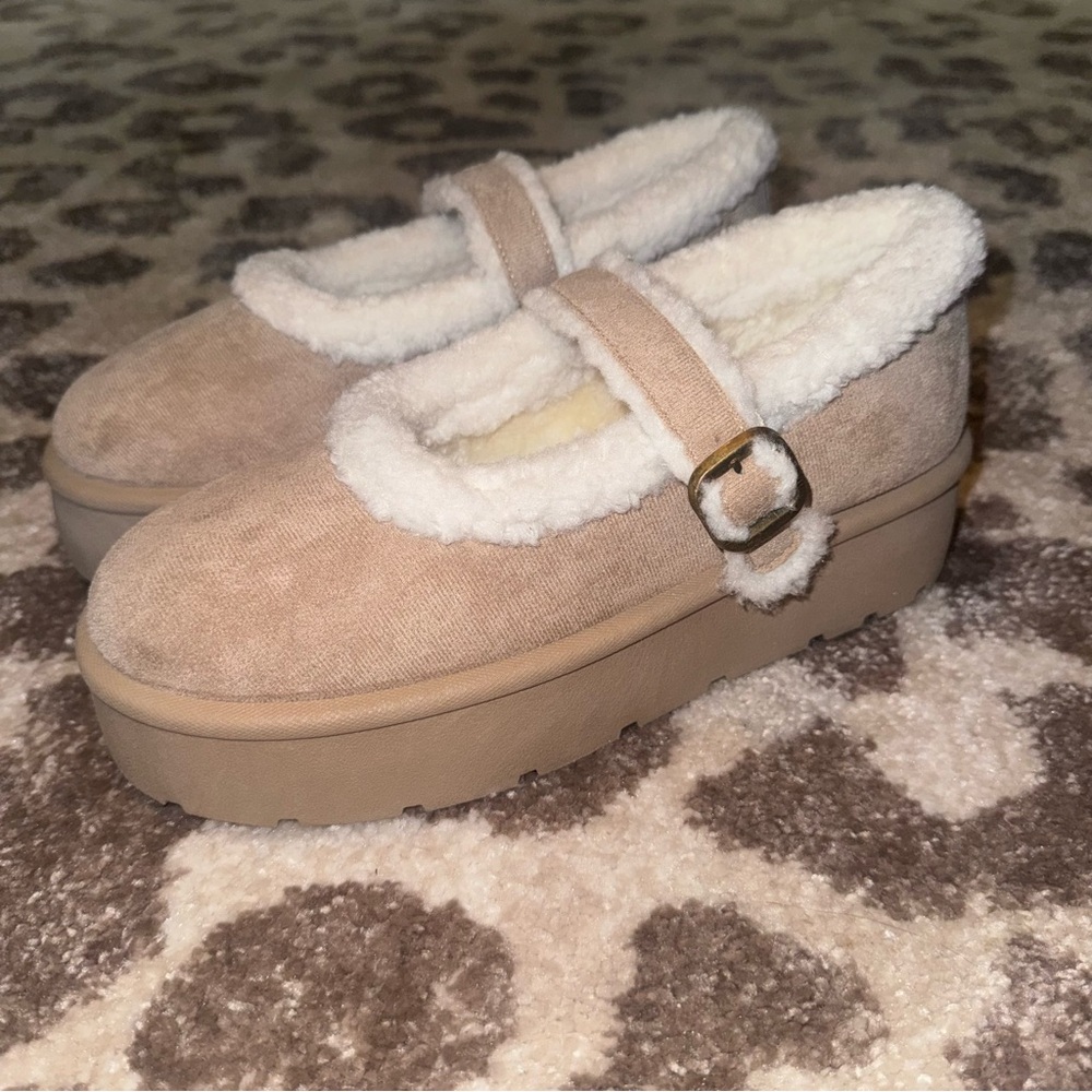 Tan Platform Mary Jane Slippers